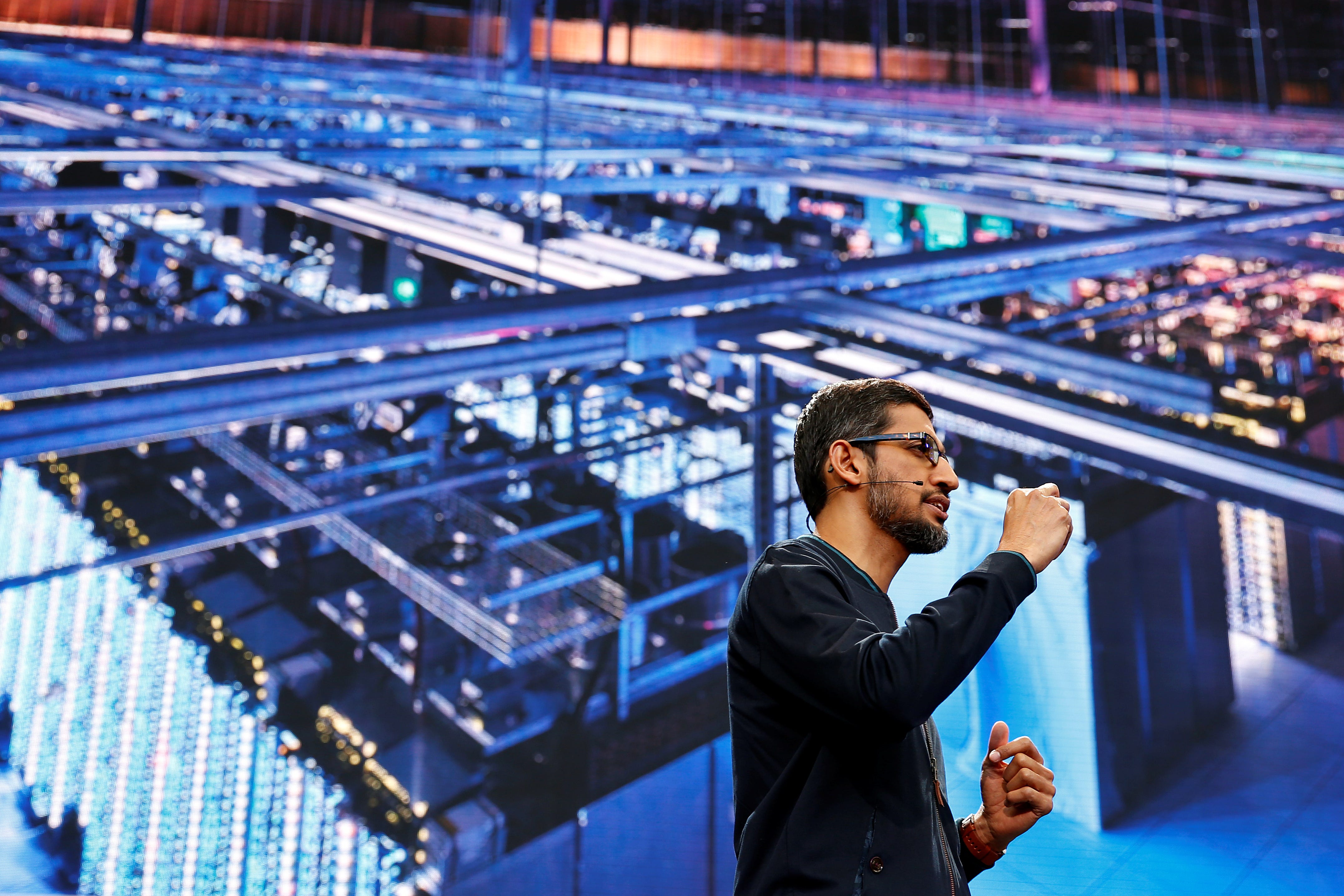 Google CEO Sundar Pichai delivers his keynote address during the Google I/O 2016 developers conference in Mountain View, California May 18, 2016.