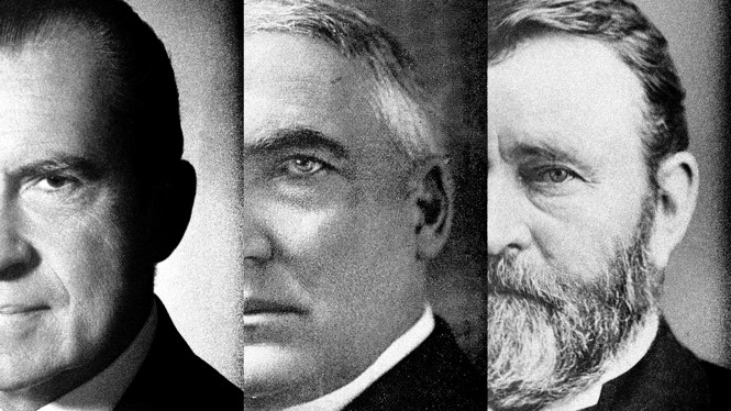 An illustration showing the faces of Richard Nixon, Warren Harding, and Ulysses Grant
