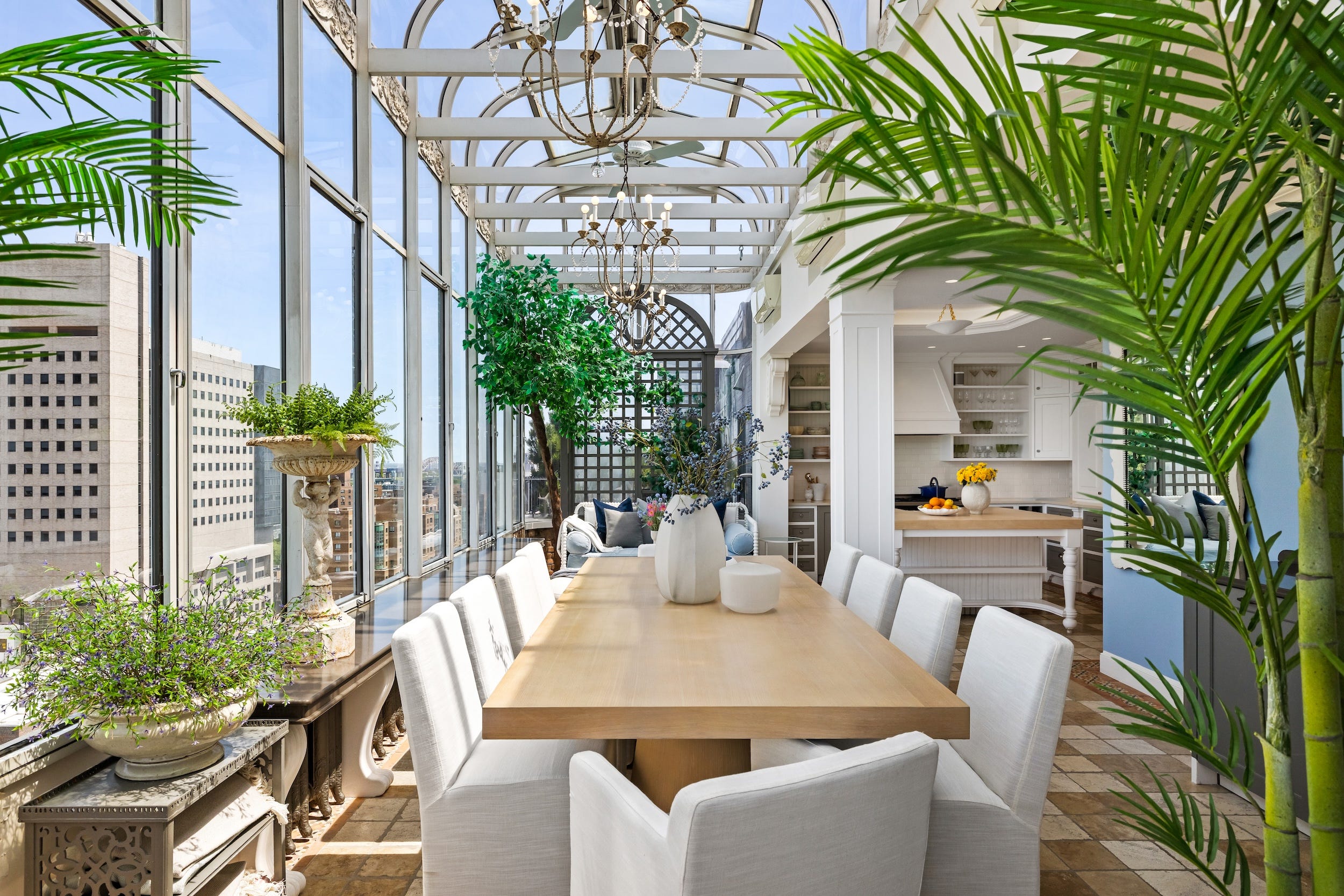 A dining room inside a penthouse.