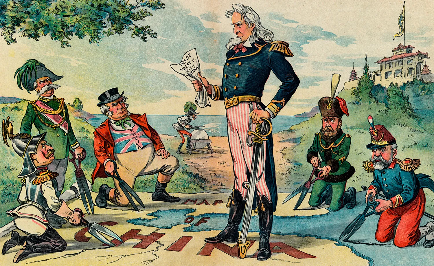 An illustration with a man standing and others kneeling holding scissors