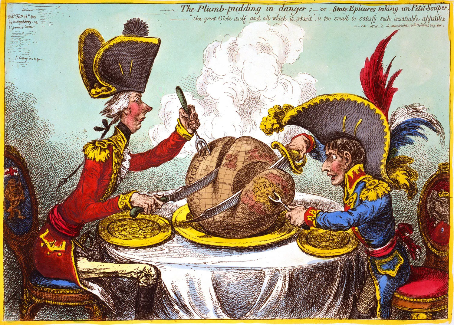An illustration shows two men seated at a table carving up the globe like a roast.