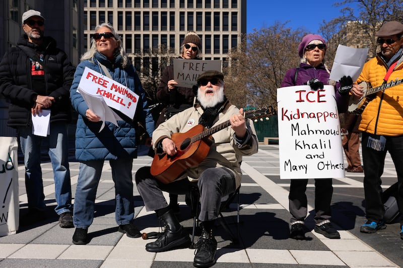 People take part in a protest against the arrest and detention of Mahmoud Khalil, a green card holder who played a role in pro-Palestinian protests.