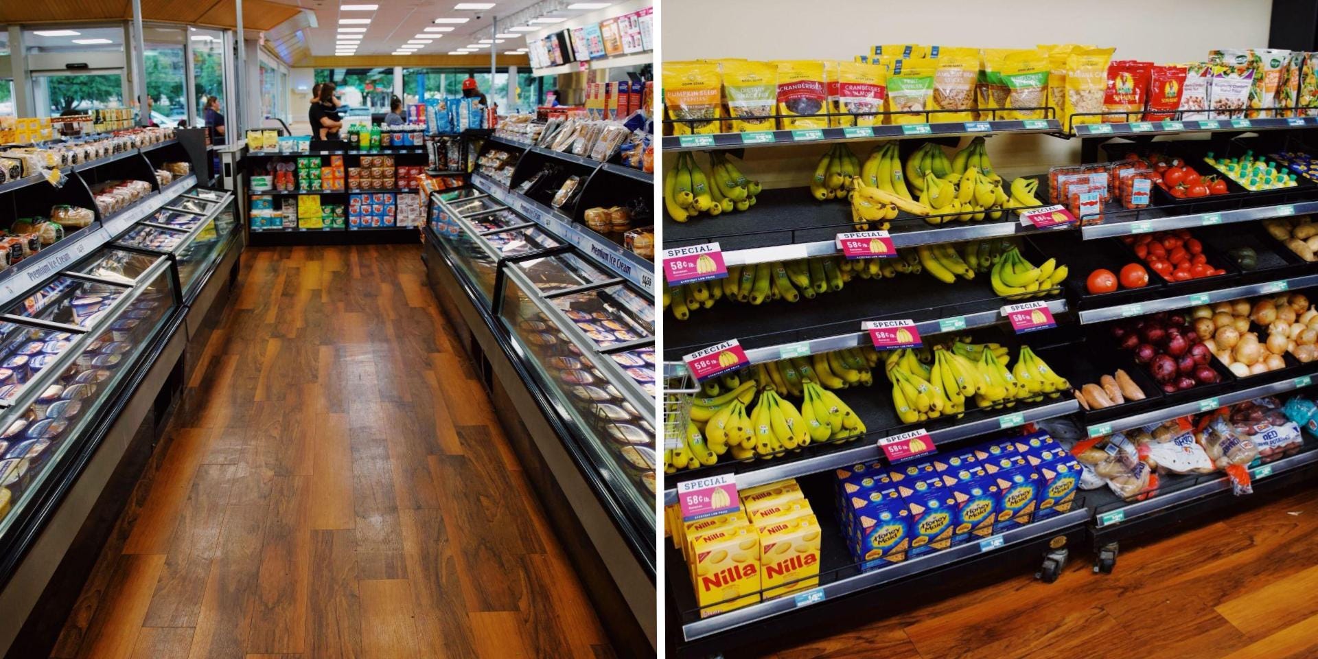 The interior of Braum's. Side by side pictures of an isle of ice cream and another of produce like bananas and tomtoes.
