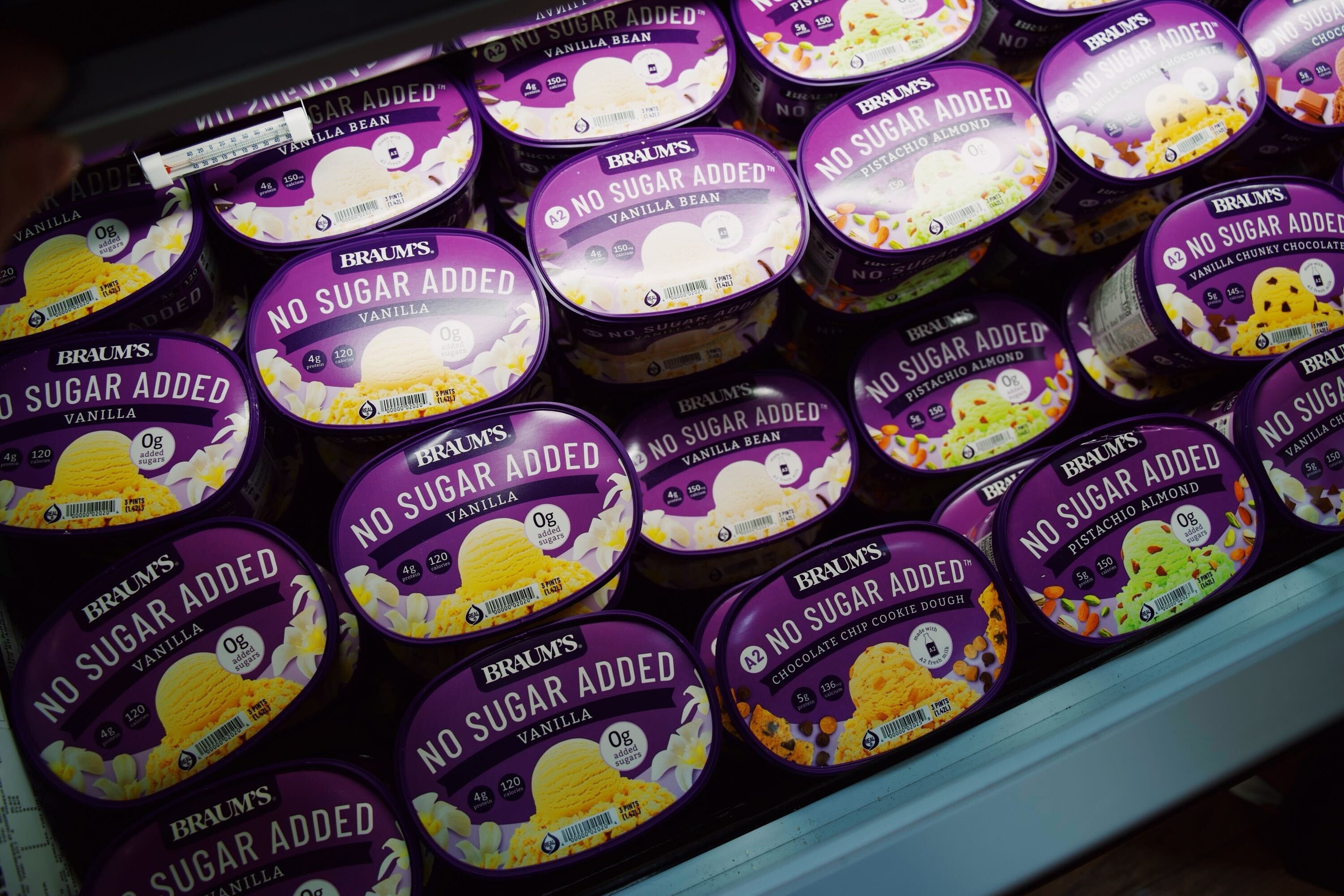 Overview of Braum's sugar free ice cream options including vanilla bean, vanilla, chunky chocolate, and pistachio almond.