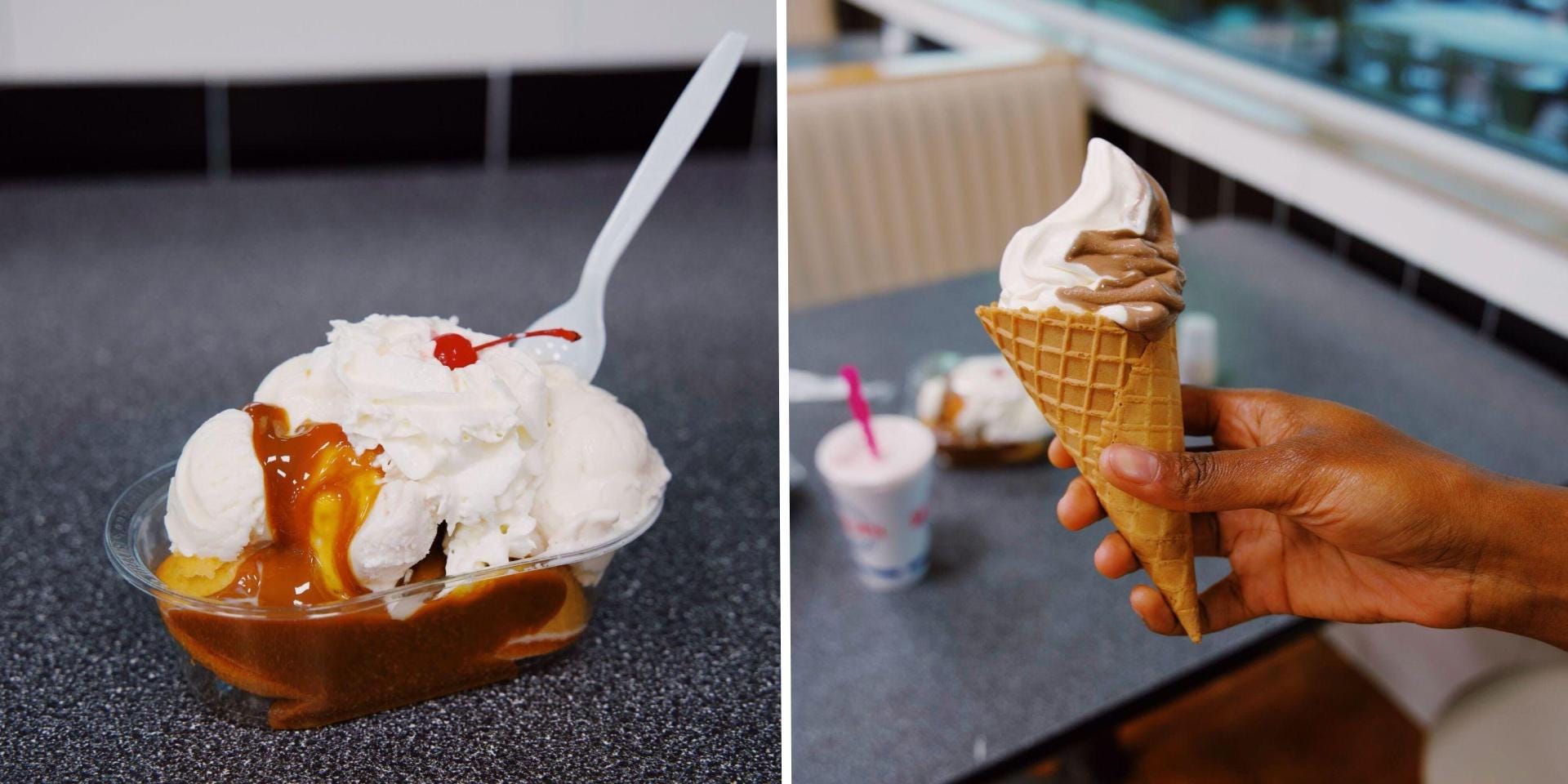 Side by side image of a Braum's sundae and a frozen yogurt cone.