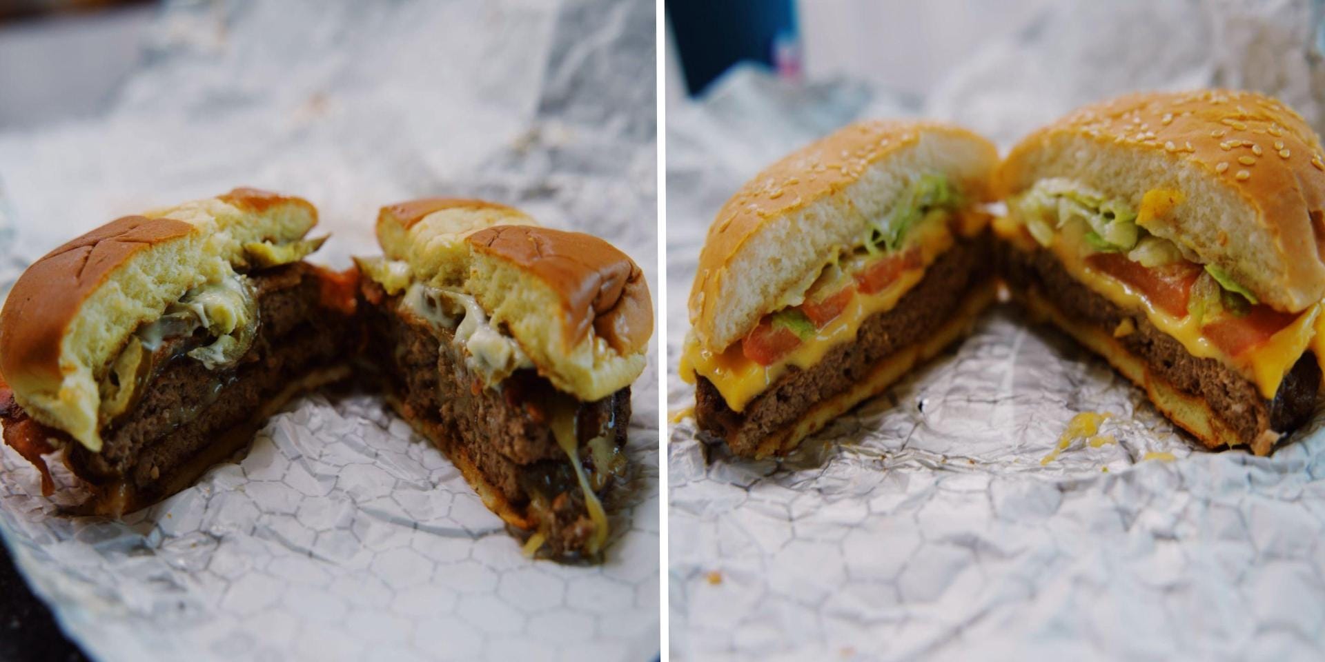 Side by side pictures of Braum's jalapeño burger and its classic cheeseburger.