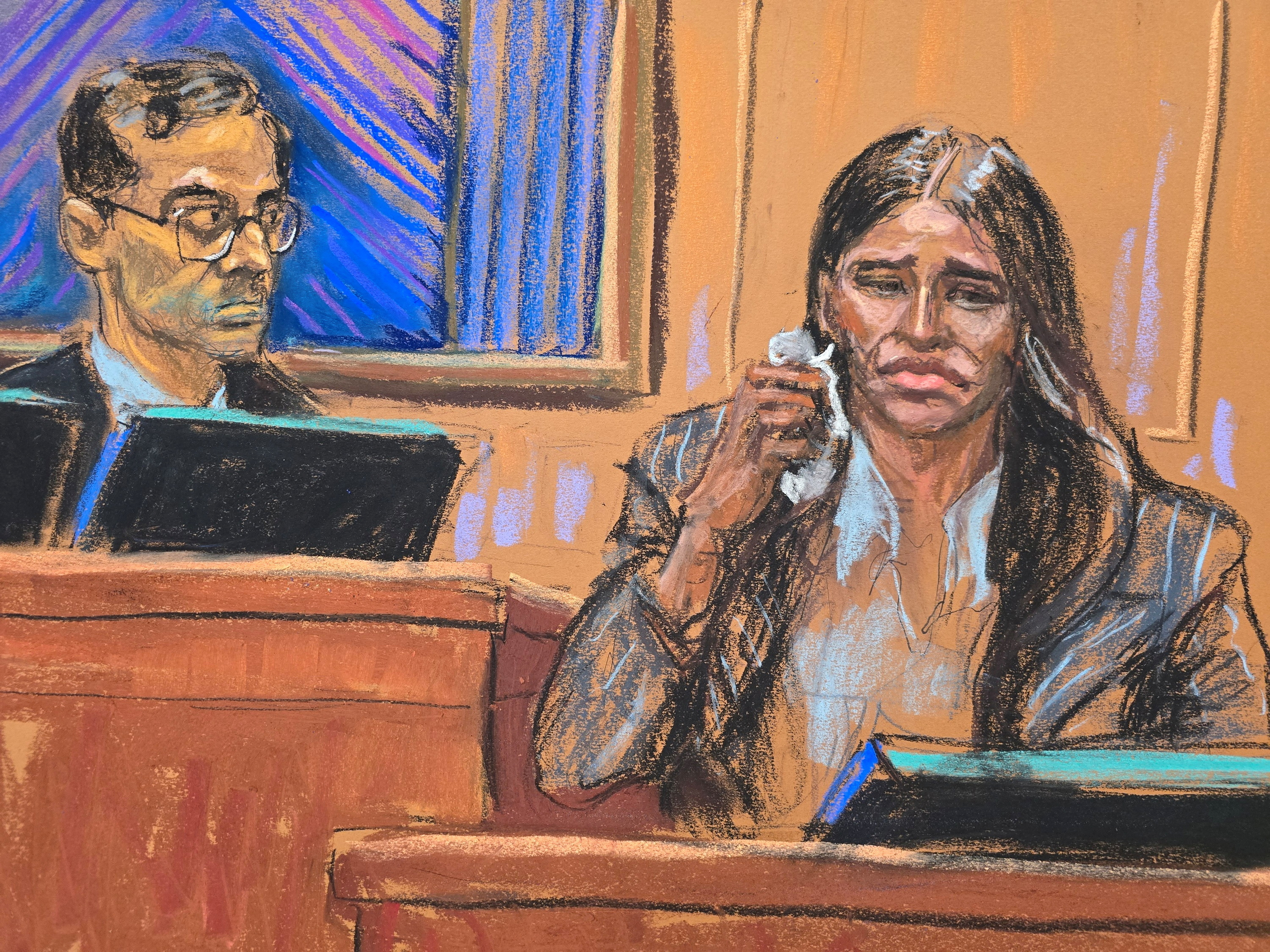 A sketch of Cassie crying in court