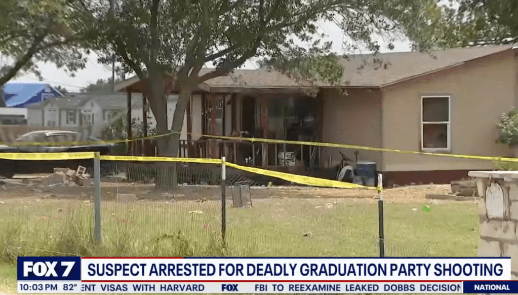 Police tape surrounds the home in Uhland, Texas where the fatal shooting took place.