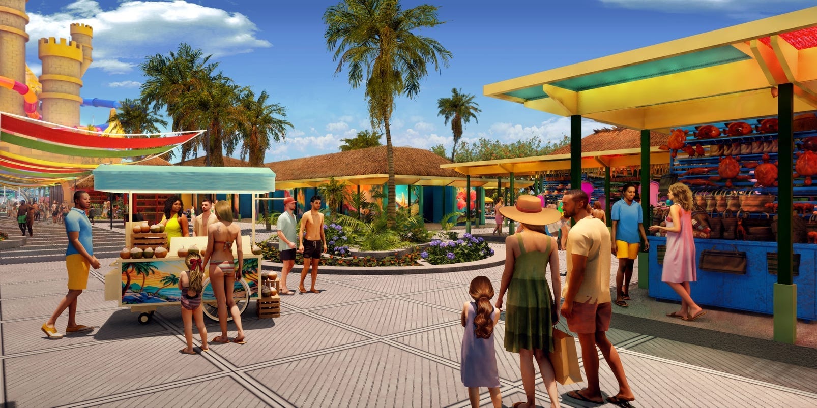 rendering of people walking around Celebration Key's Lokono Cove shopping district