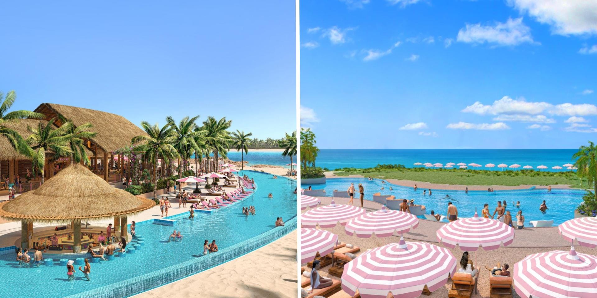 renderings of Costa Beach Club on Royal Caribbean's Perfect Day Mexico next to a rendering of Pearl Cove Beach on Carnival's Celebration Key