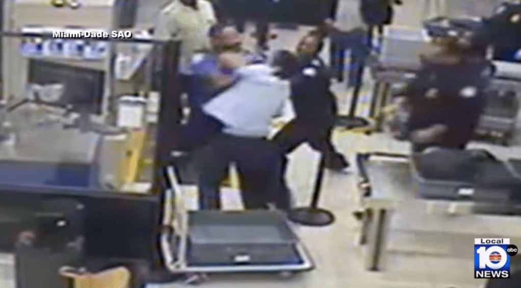 McDougall is grabbed by two TSA agents before a third one got involved and pushed the madman.