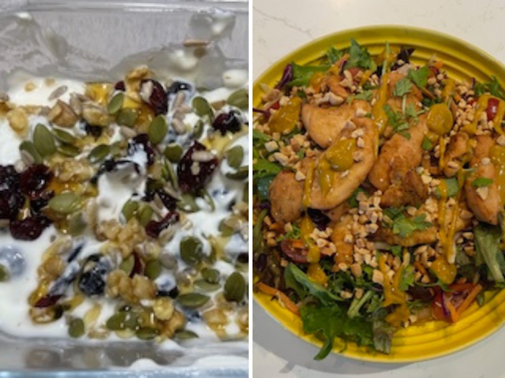 A composite image of yoghurt with seeds and a chicken salad