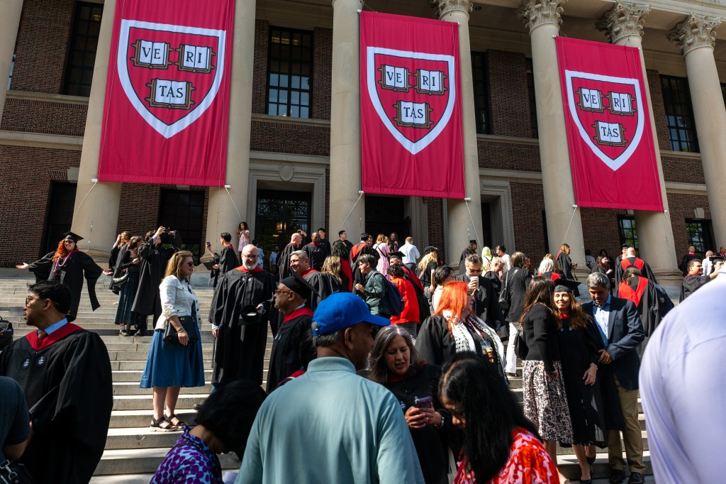 Graduation students, faculty, and family gather in Harvard Yard on May 28, 2025 in Cambridge, Massachusetts