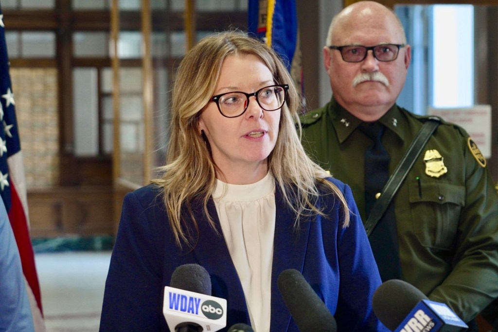 Acting U.S. Attorney Lisa D. Kirkpatrick spoke to reporters following the sentencing of Harshkumar Ramanlal Patel and Steve Anthony Shand, who were convicted on human smuggling charge related to the 2022 deaths of an Indian family who froze while crossing into the U.S. from Canada, on Wednesday, May 28, 2025, in Fergus Falls, Minn. 