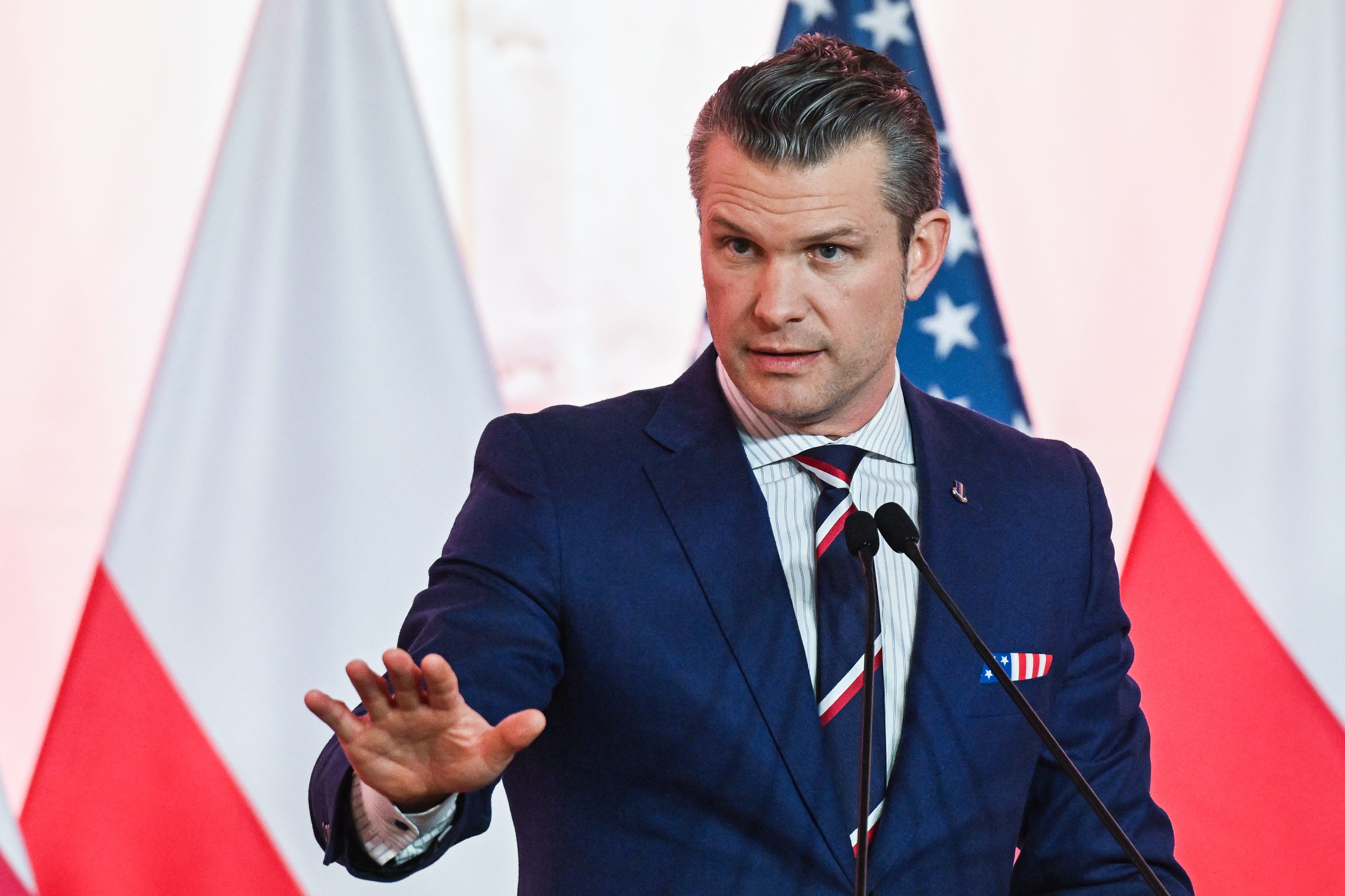 Pete Hegseth speaking to the press.
