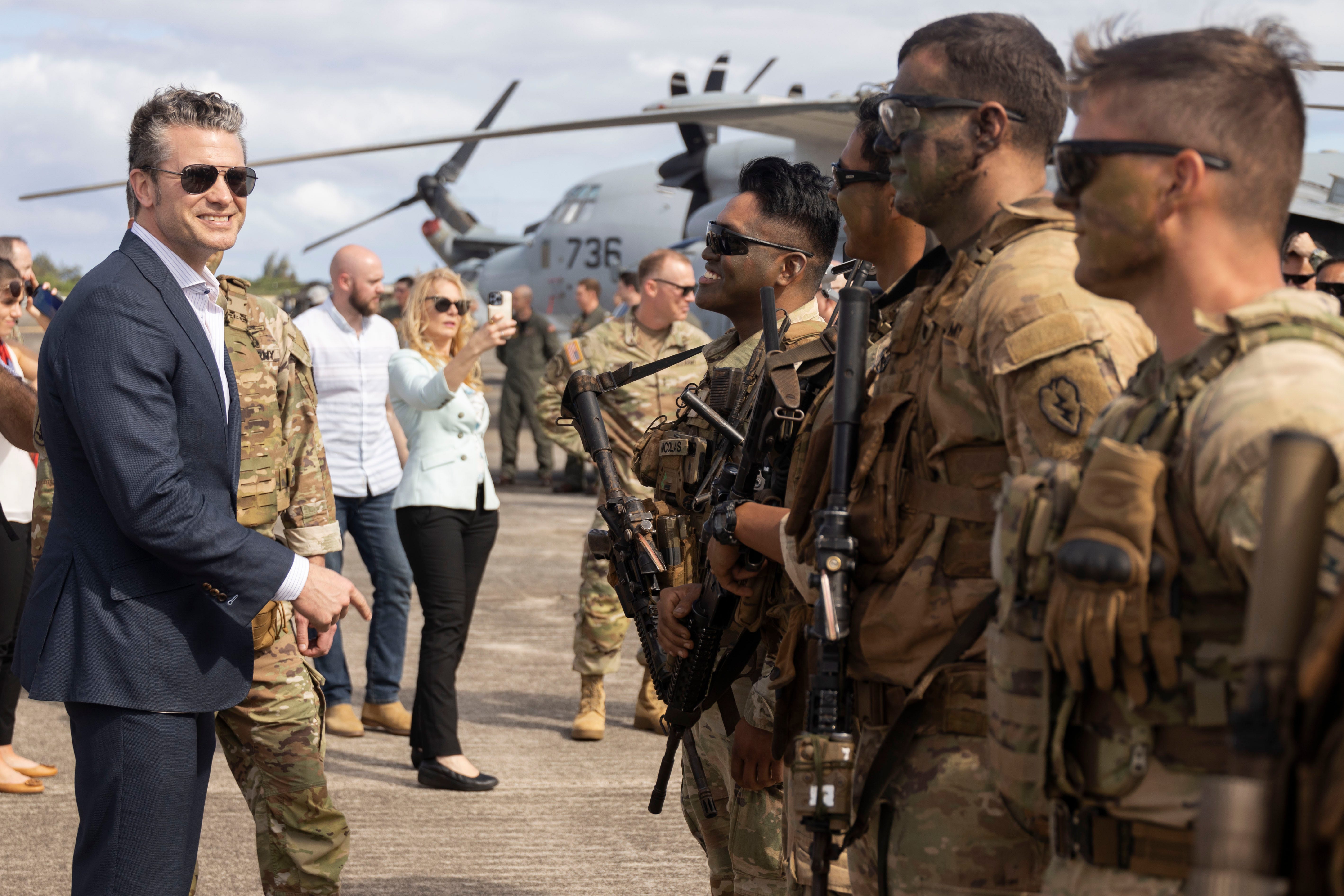 Secretary of Defense Pete Hegseth greets troops during a visit to Marine Corps Base Hawaii, March 25, 2025.