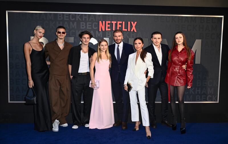 L-R) Mia Regan, Romeo Beckham, Cruz Beckham, Harper Beckham, David Beckham, Victoria Beckham, Brooklyn Peltz Beckham and Nicola Peltz Beckham