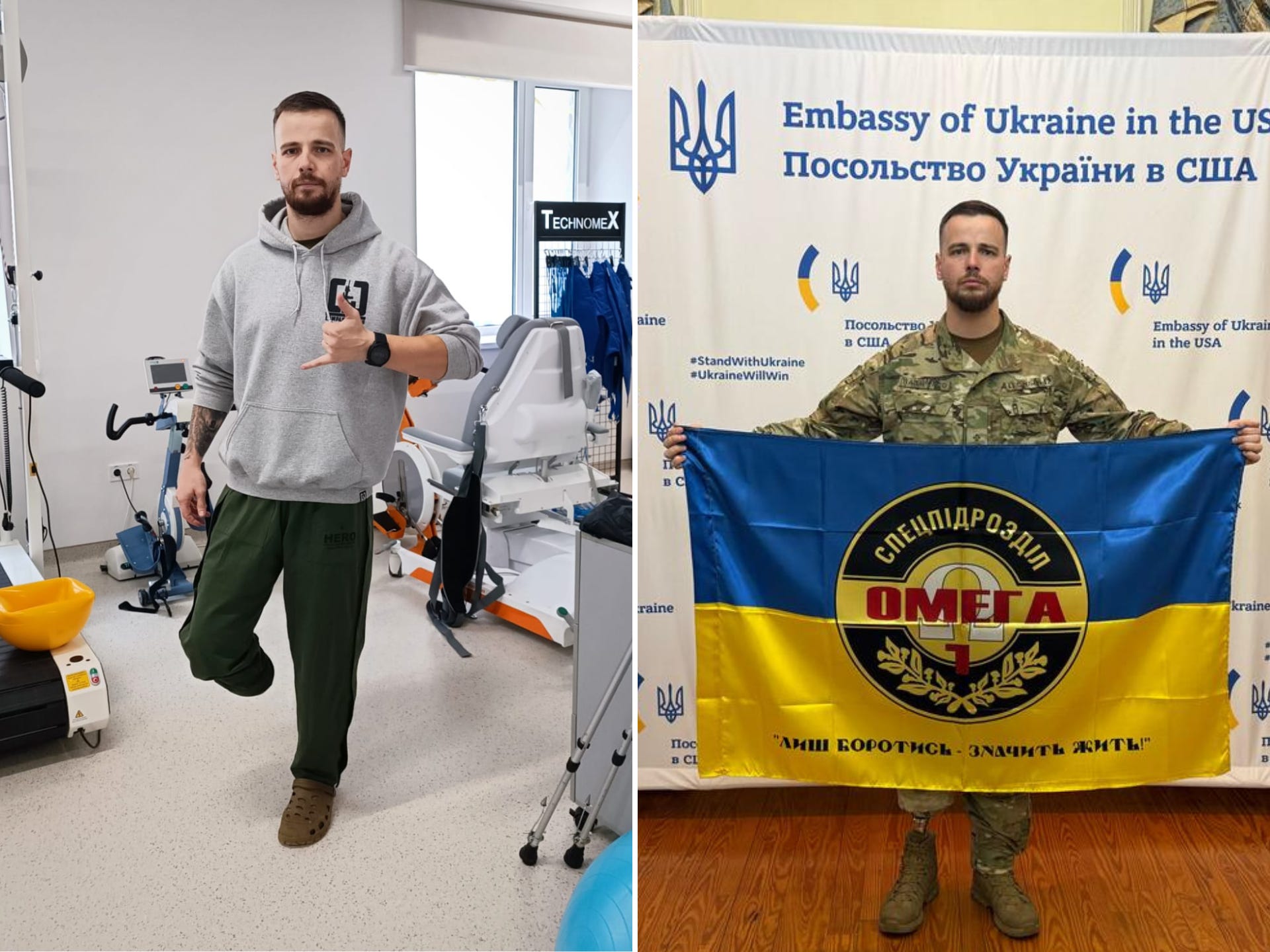 Serhii Nazarenko poses as he shows his right leg missing. He is also seen holding a flag for his unit at a Ukrainian embassy event in the US.