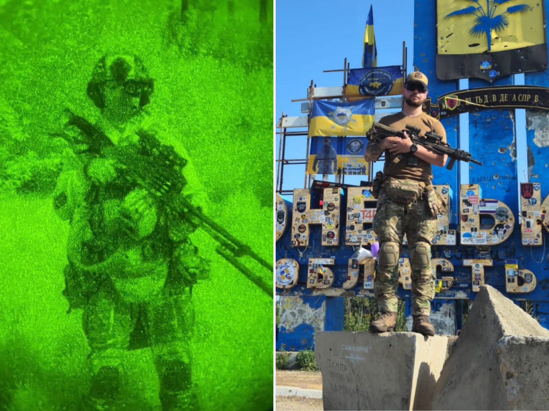 Serhii Nazarenko poses with a belt-fed machine gun. In a separate photo, he posed with an assault rifle at a stele on the Donetsk border.