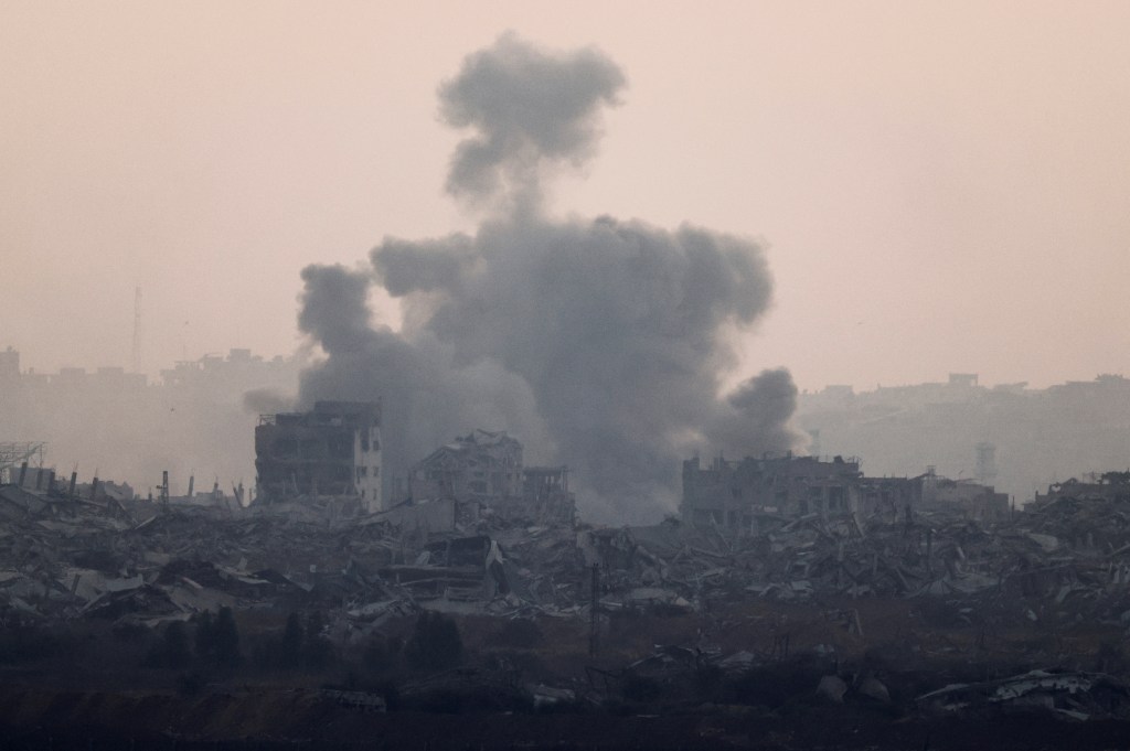 Smoke rises from Gaza after an explosion, near the Israel-Gaza border, as seen from Israel, May 29, 2025.