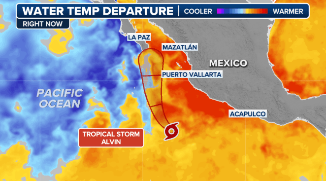 Cone forecast for Tropical Storm Alvin and current water temperatures in the Eastern Pacific Ocean.