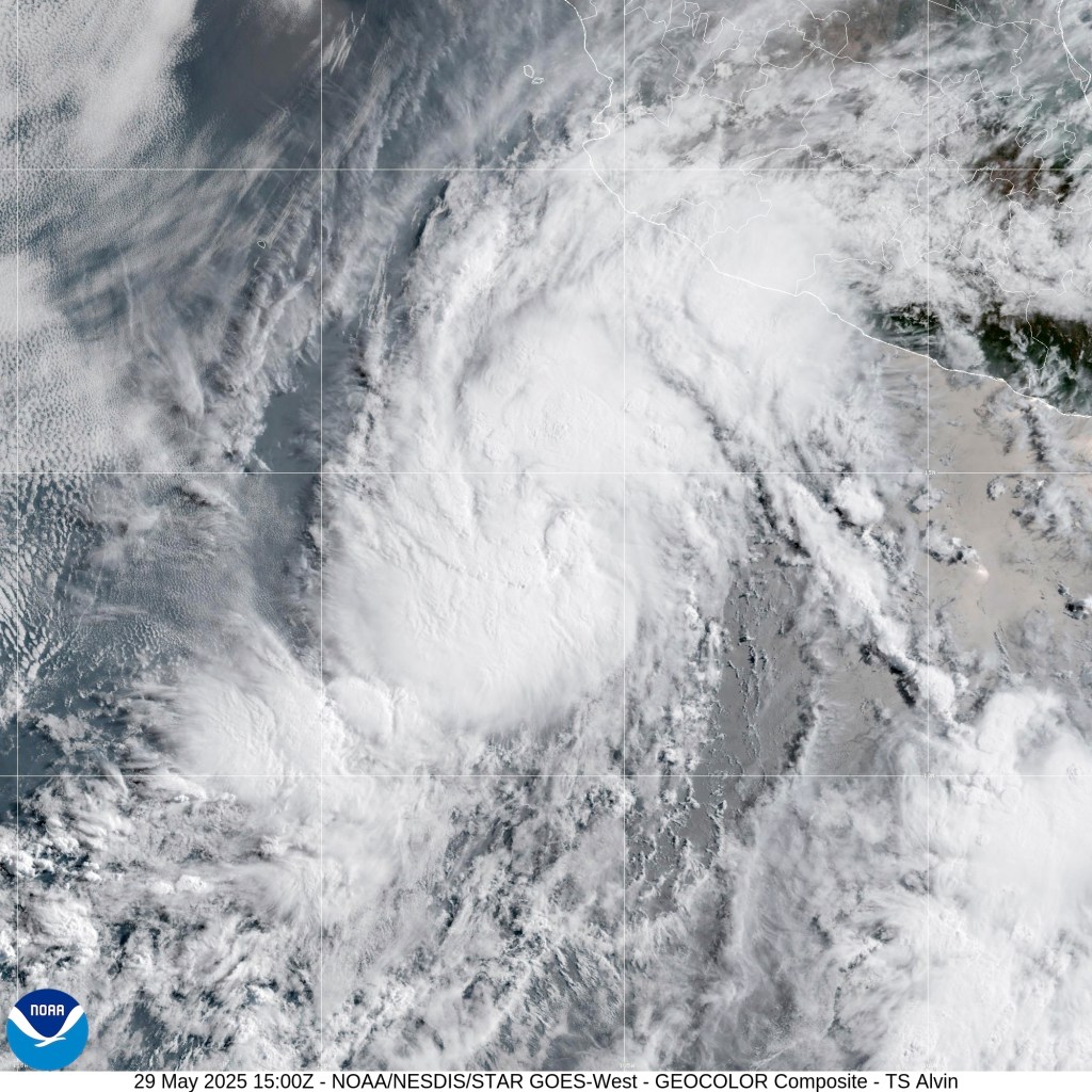 This satellite image provided by the National Oceanic and Atmospheric Administration (NOAA) shows Tropical Storm Alvin, Thursday, May 29, 2025. 