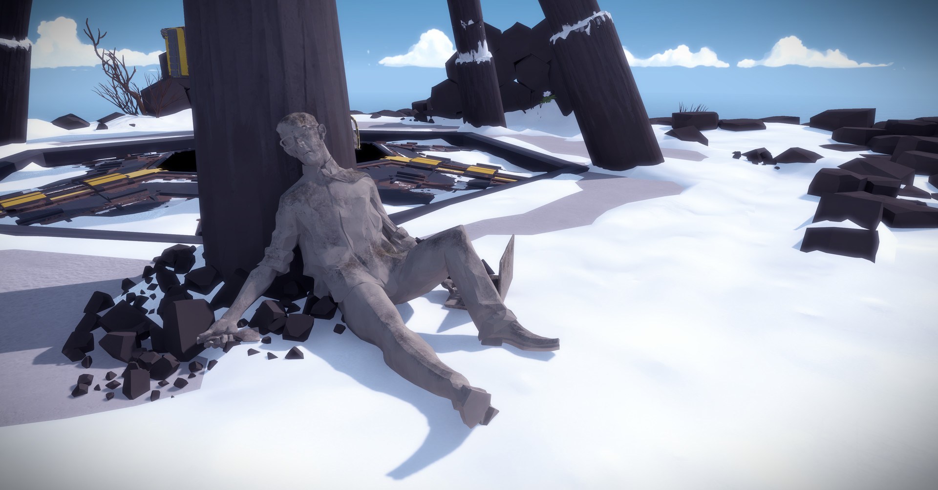 A stone corpse leans against a pillar on the island