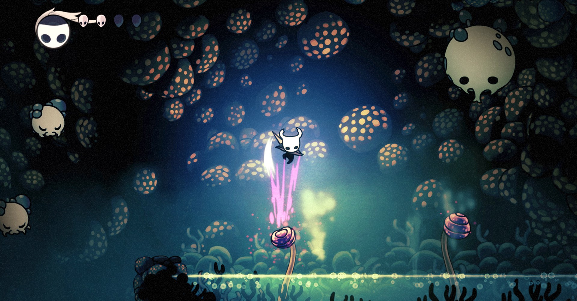 The Hollow Knight slashes down at a mushroom trampoline 