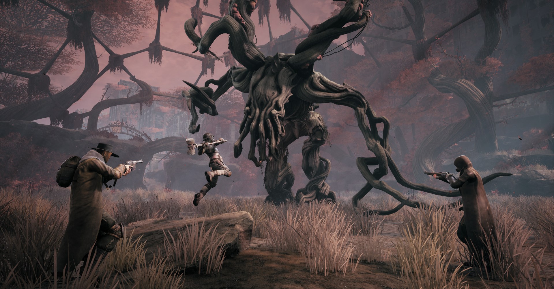 A group of heroes battle a giant tree monster