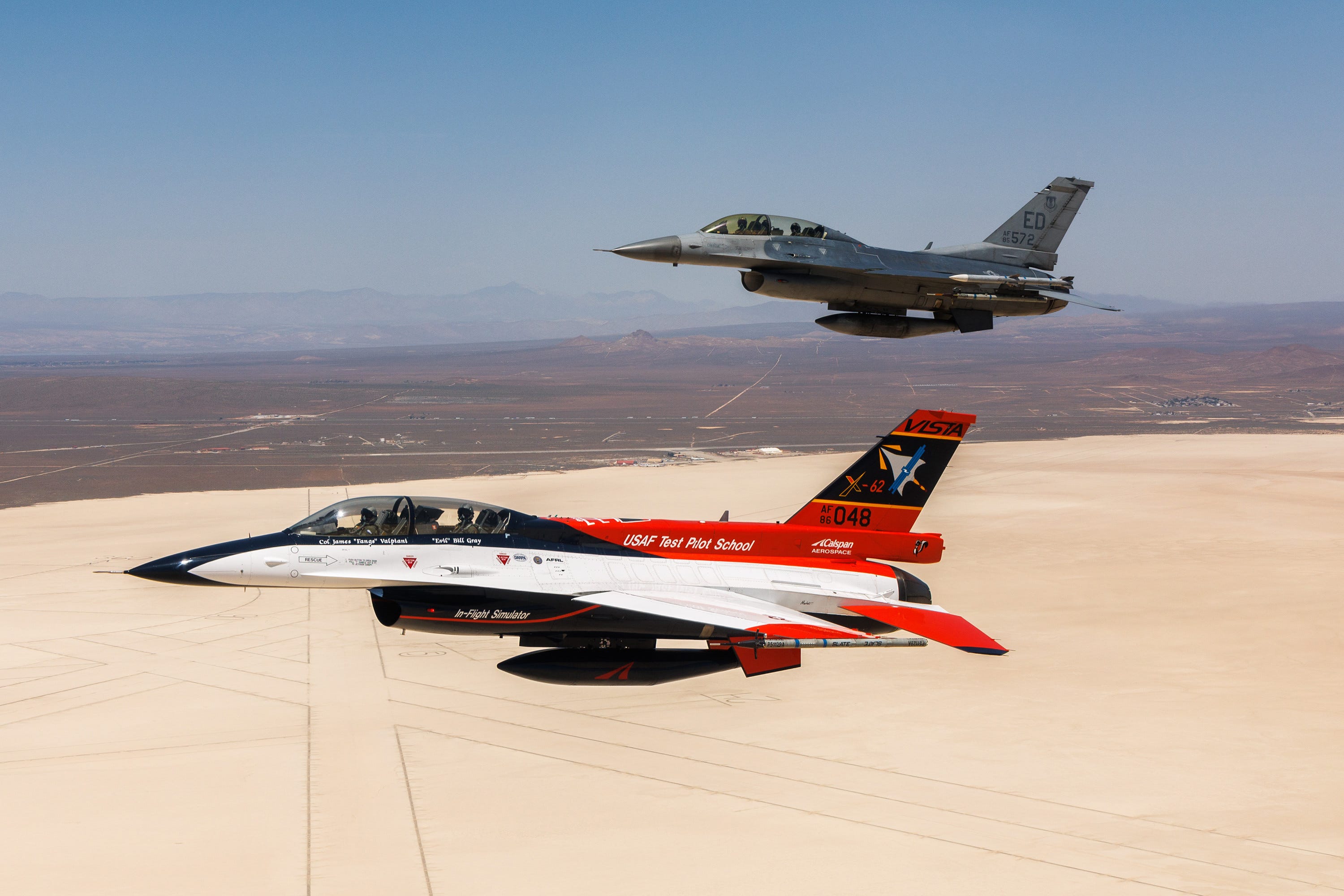 Secretary of the Air Force Frank Kendall flies in an X-62A VISTA in the skies above Edwards Air Force Base, Calif., May 2, 2024.