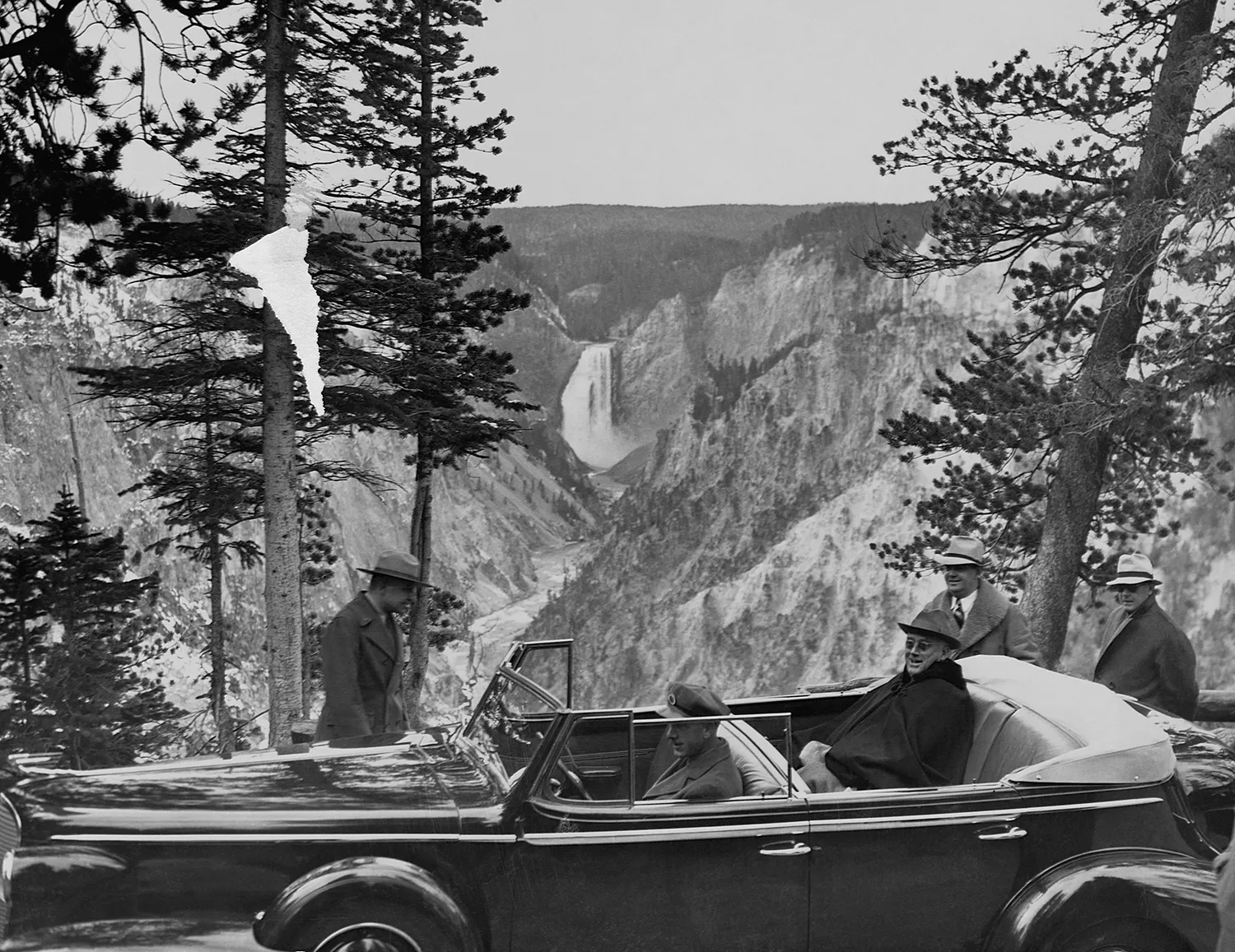 President Franklin D. Roosevelt visits Yellowstone in a convertible.