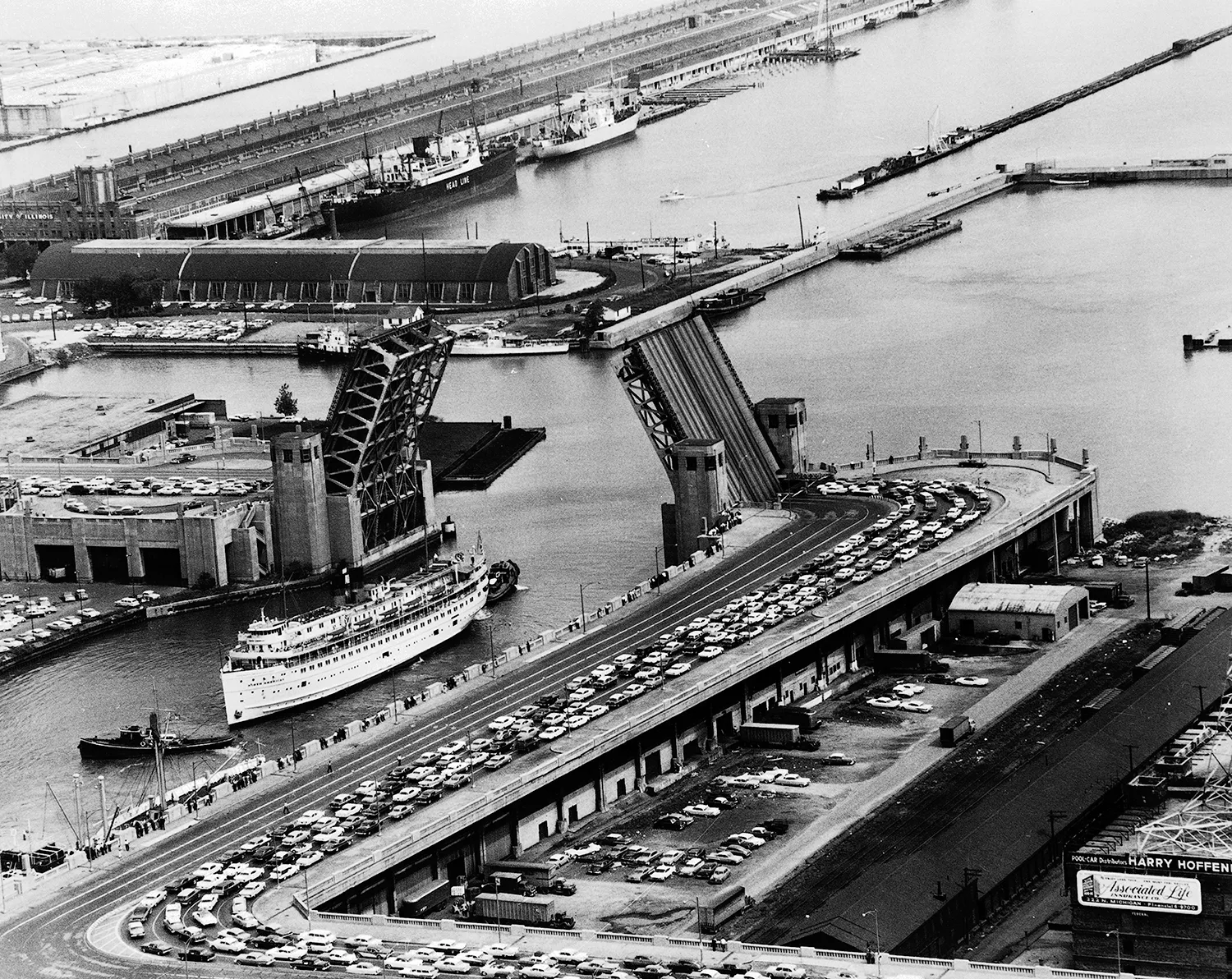 A historic photograph of the Outer Drive Bridge in Chicago.