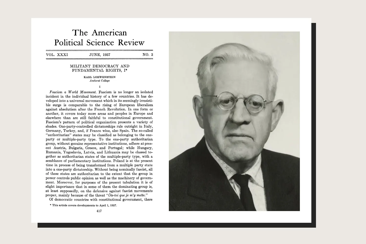 Karl Loewenstein and his article titled “Militant Democracy and Fundamental Rights” in 1937