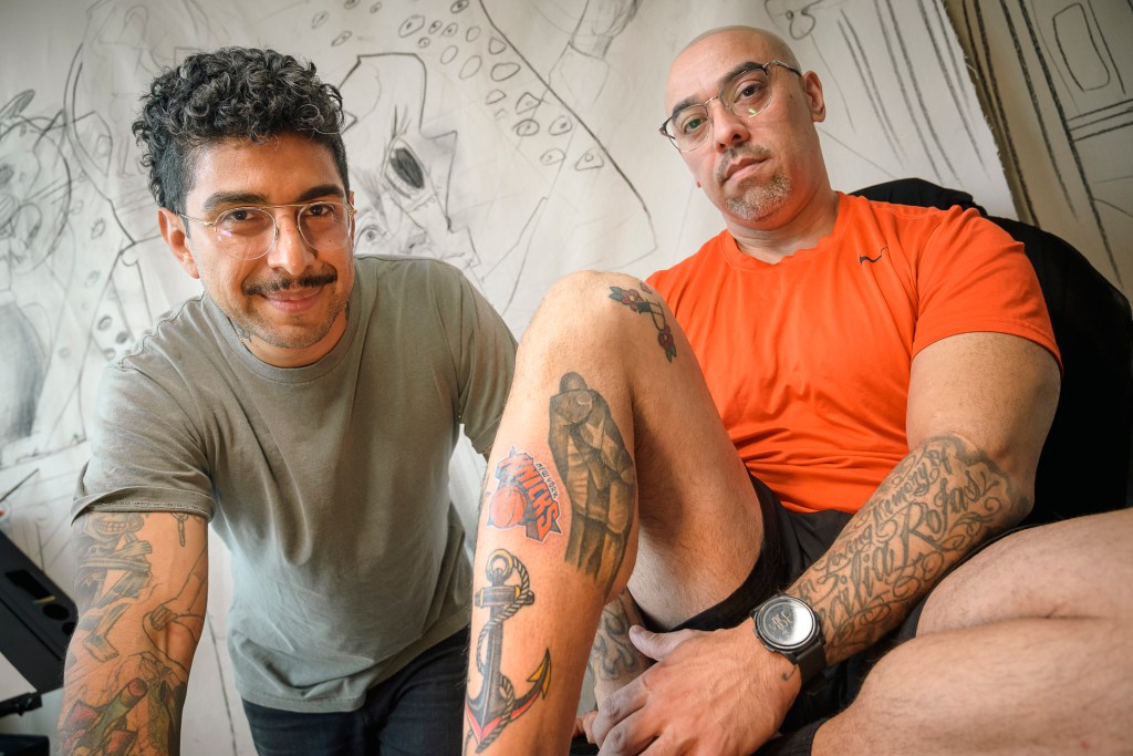 Steven Avalos, a Brooklyn tattoo artist, finishing up a Knicks basketball tattoo on customer Brendan Soler