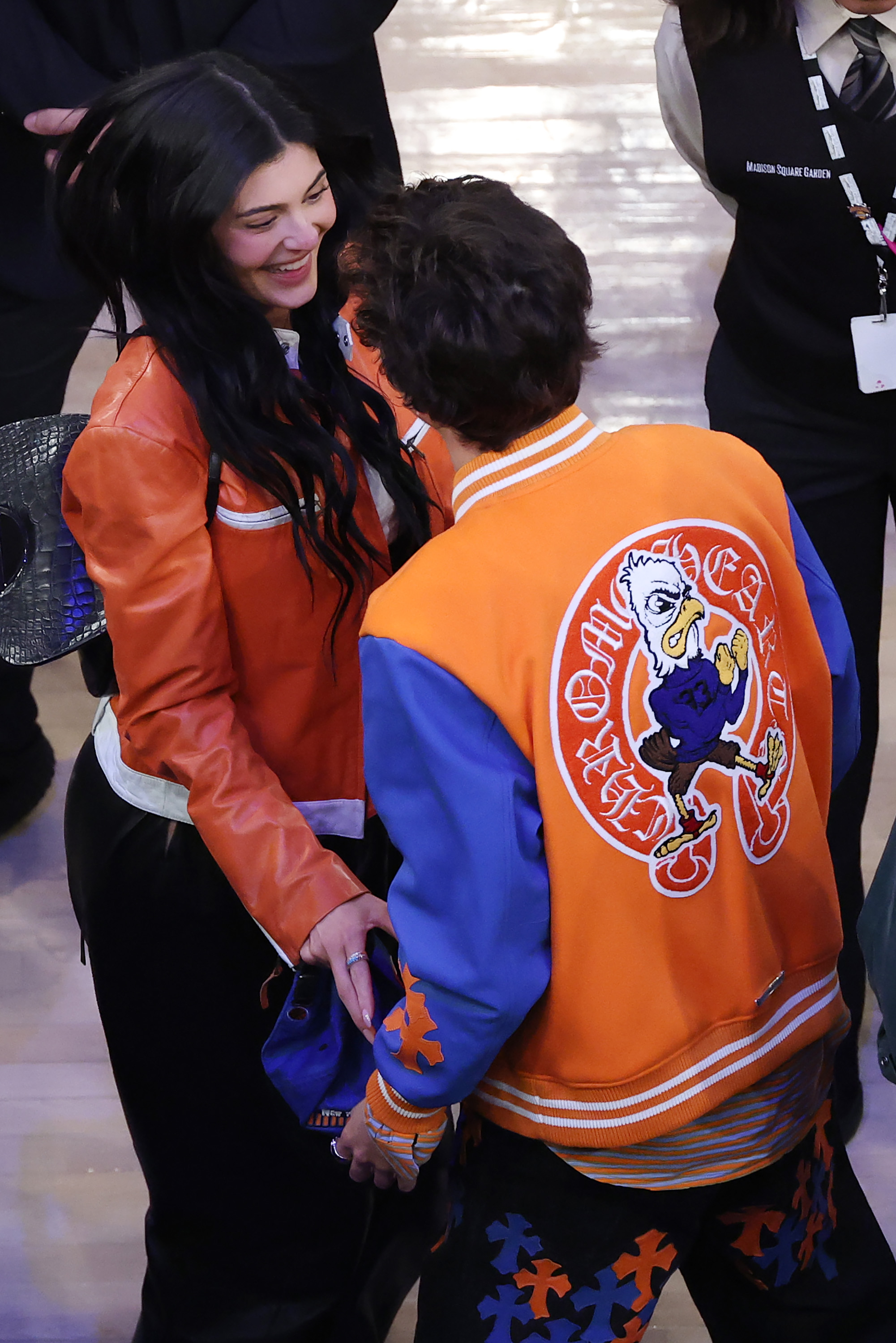 Timothee Chalamet with Kylie Jenner at a Knicks game. 
