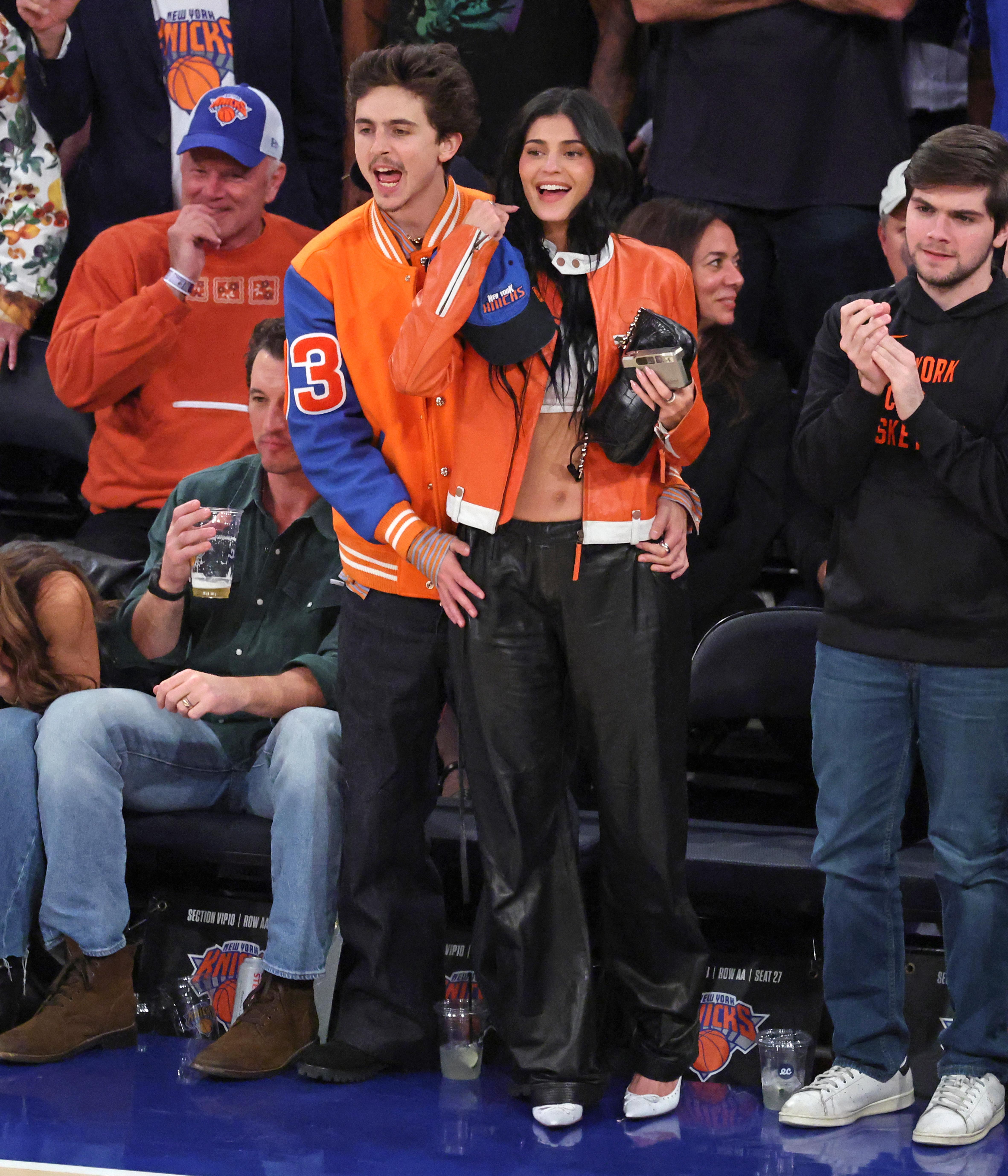 Kylie Jenner and Timothee Chalamet cheer at a Knicks game. 
