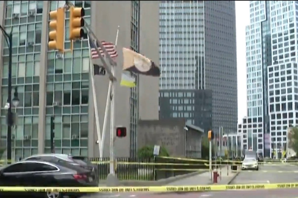 Police tape block the entrance to the Hudson County Administrative Building in Jersey City, New Jersey.