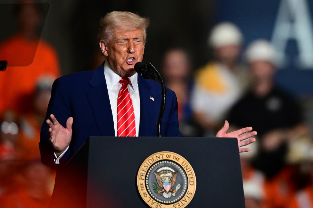 President Donald Trump speaks during a rally at the US Steel Mon Valley Works-Irvin plant on May 30, 2025.