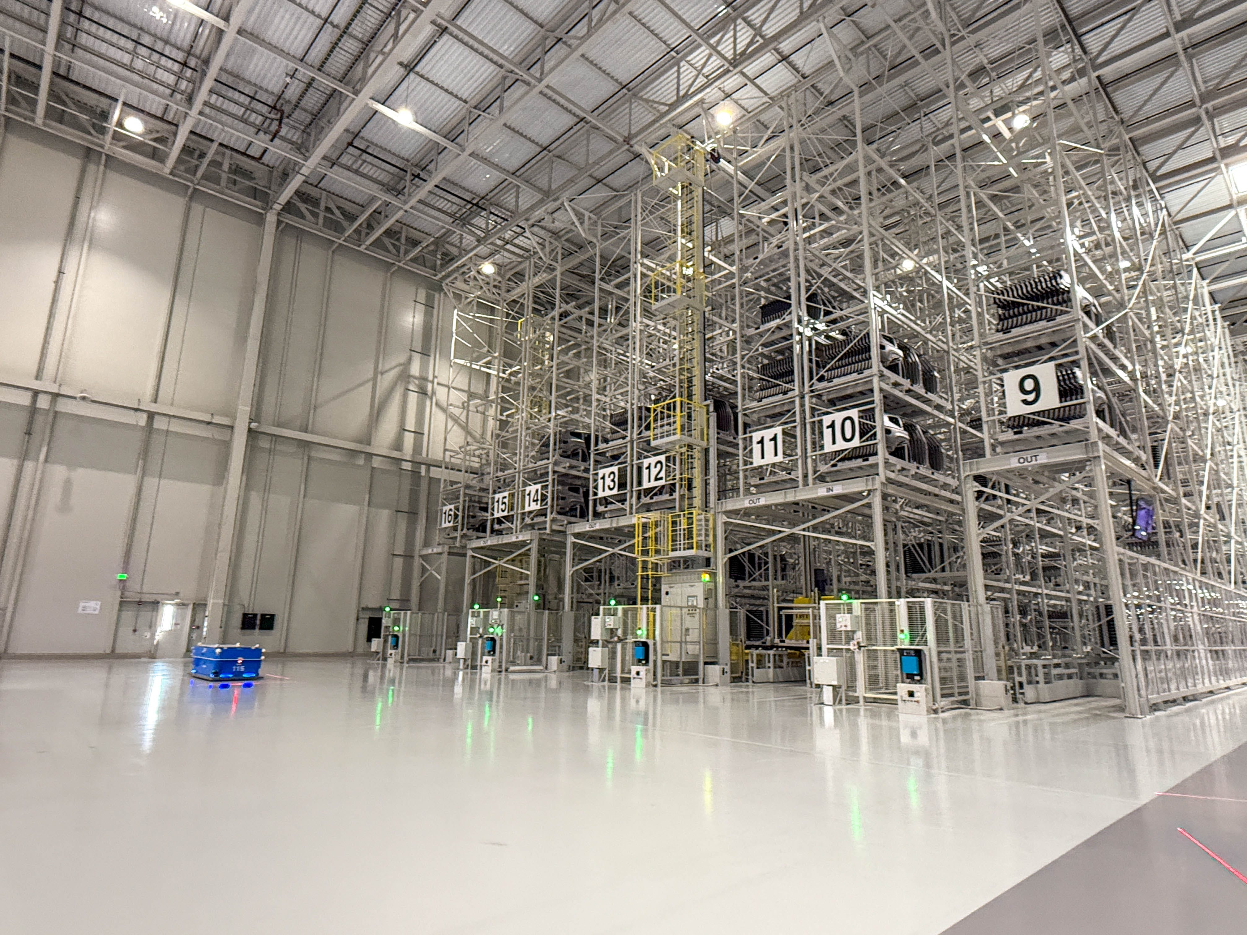 Racks full of stamped metal sections of Ioniq 5 and Ioniq 9 EVs at the Hyundai Motor Group Metaplant America in Georgia.