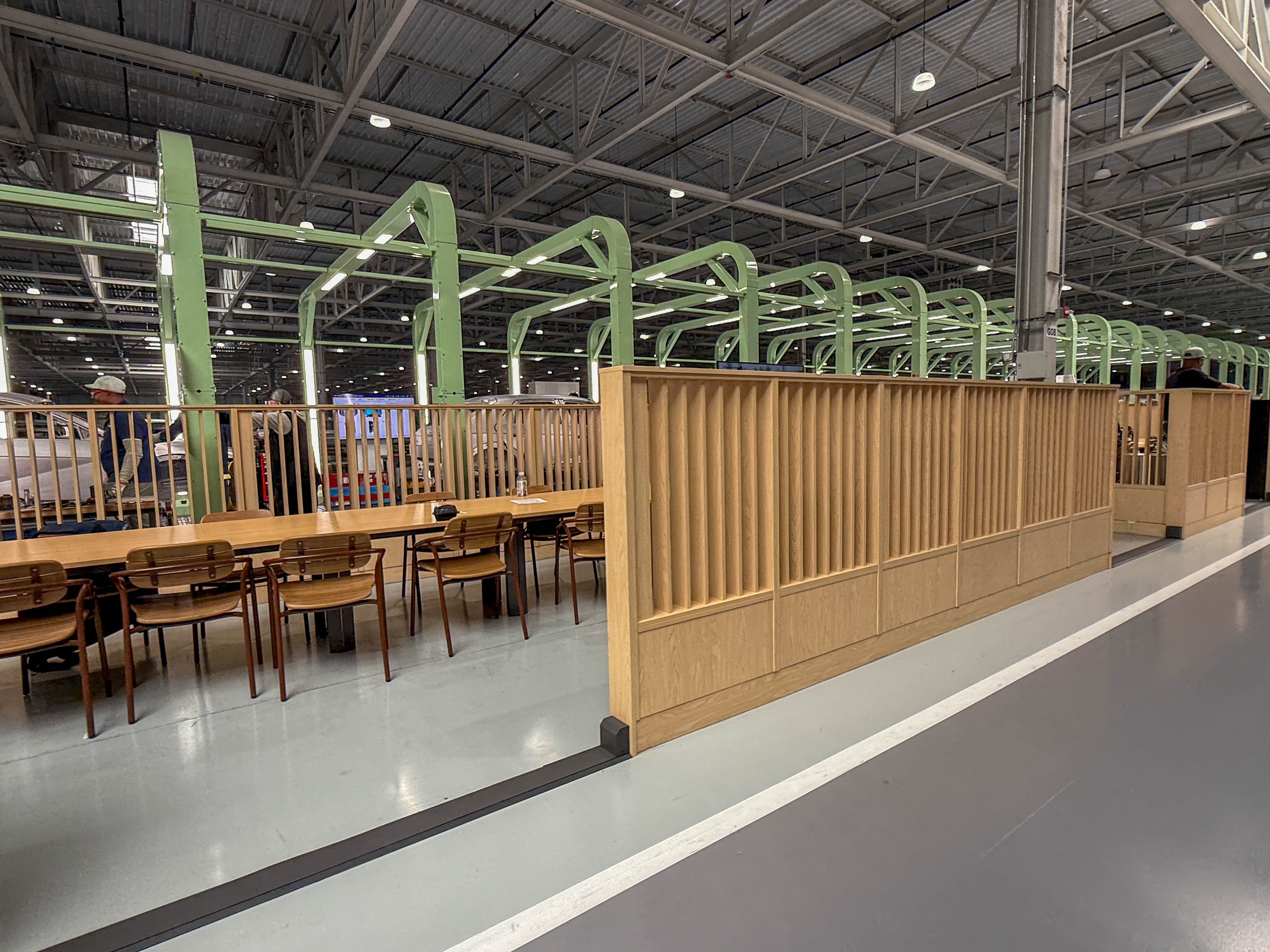 Employee break and meeting area next to the inspection area at the welding shop at the Hyundai Motor Group Metaplant America in Georgia.