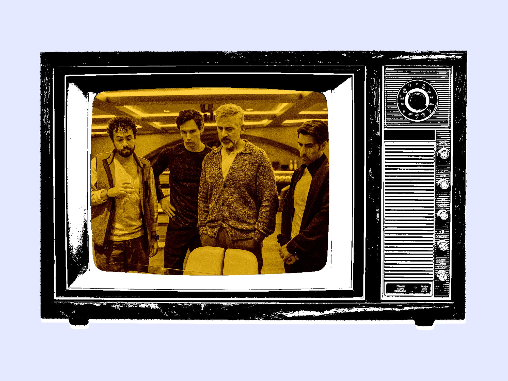 Vintage tv with a photo from the Mountainhead movie in the screen on a light purple background