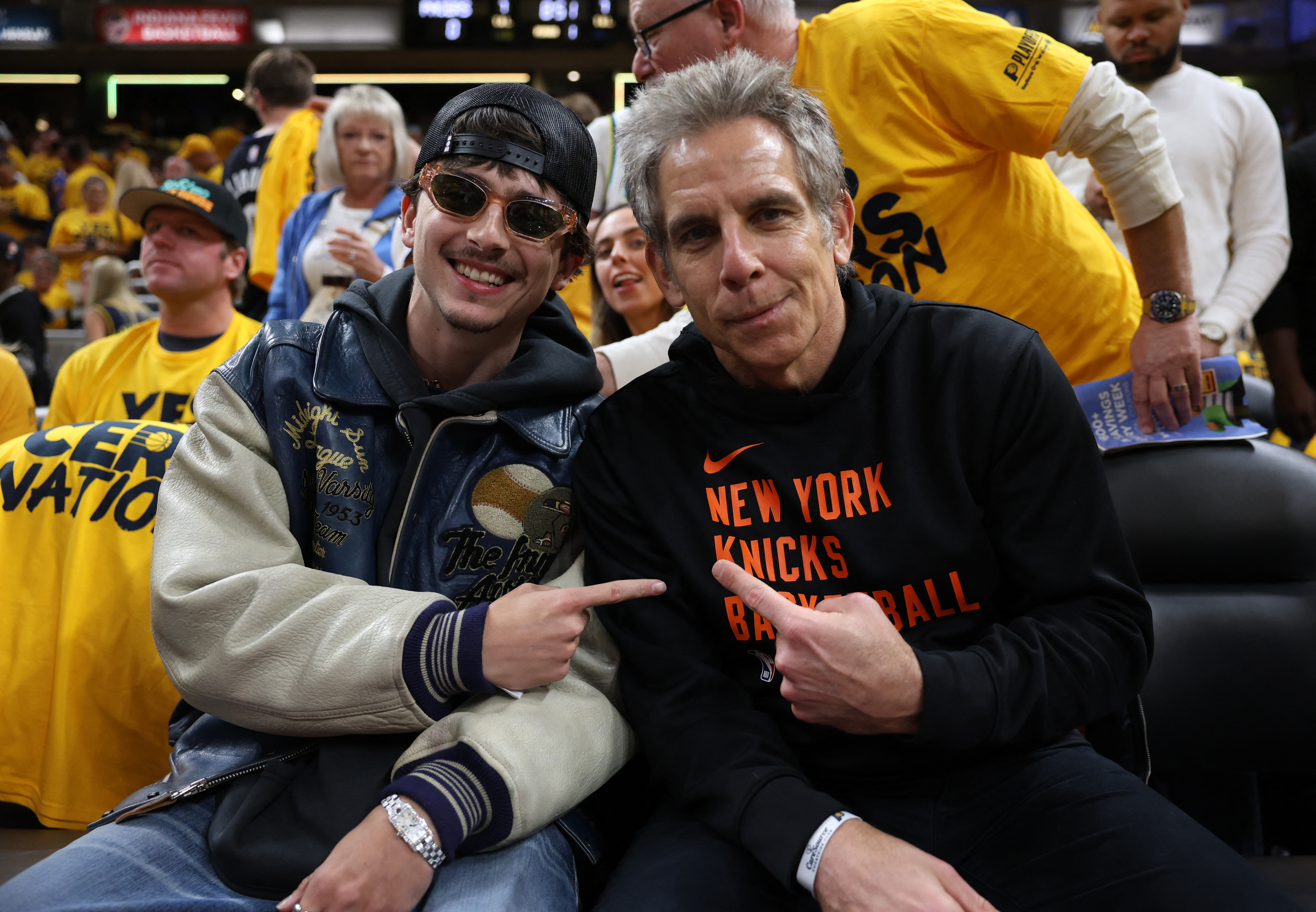 Timothée Chalamet and Ben Stiller cheered on their New York Knicks against the Indiana Pacers on Tuesday.