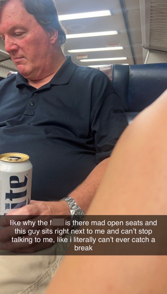 photo taken by Kaylin Morales showing Rex Heuermann holding a Miller Lite while sitting on board an LIRR train in July 2023 