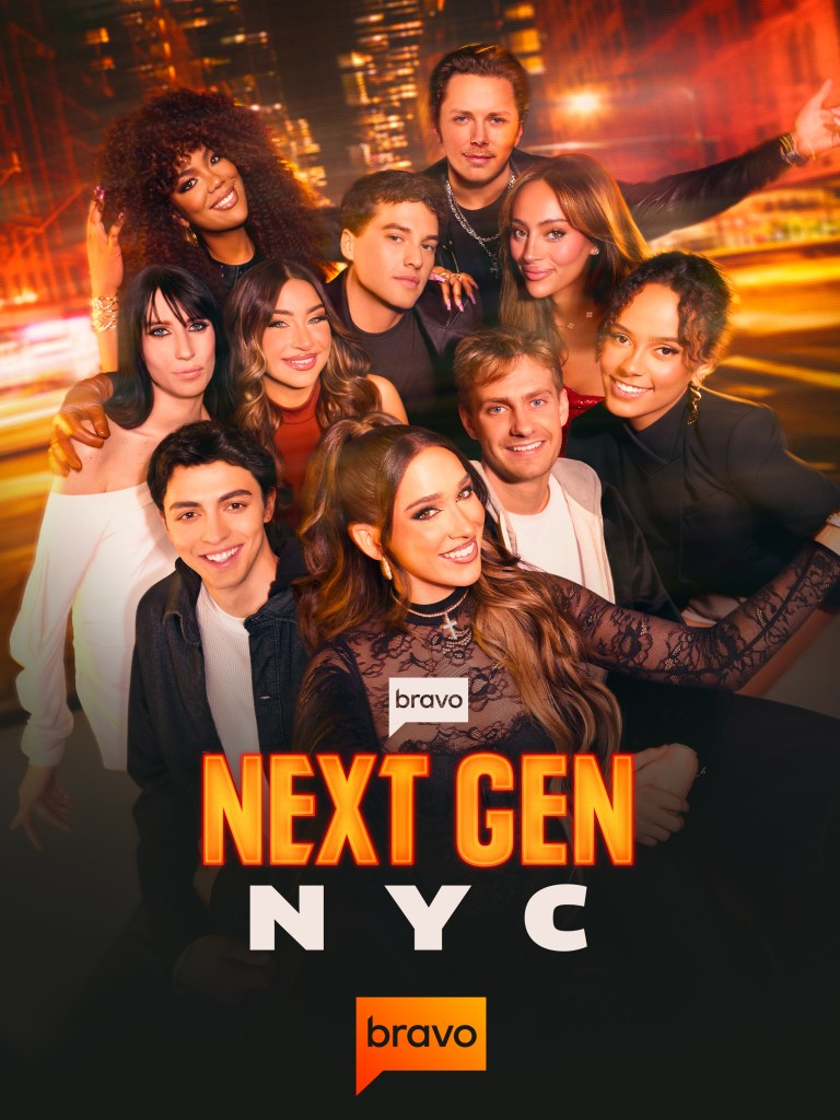 Promo materials for Bravo’s ‘Next Gen NYC’ showing, top row, from left:  Riley Burruss and Hudson McLeroy;  second row:  Georgia McCann , Gia Giudice, Brooks Marks, Emira D’Spain; third row: Shai Fruchter, Charlie Zakkour, Ava Dash;  and front: Ariana Biermann.
