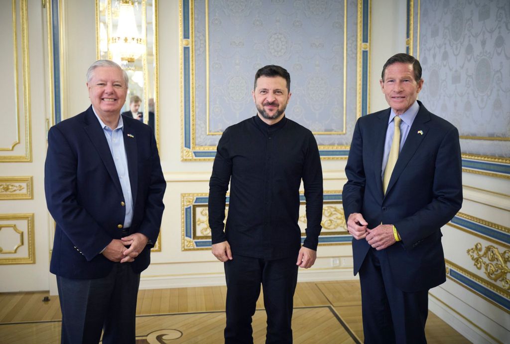 A handout photo made available by the Ukrainian Presidential Press Service shows Ukrainian President Volodymyr Zelensky during a meeting with US Senators Lindsey Graham (L) and Richard Blumenthal (R) in Kyiv, Ukraine, 30 May 2025.
