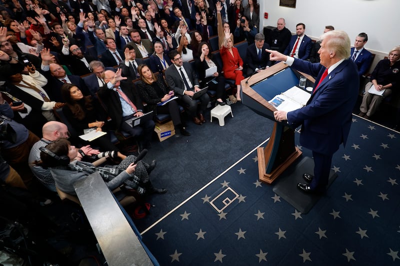 Donald Trump delivers a White House press briefing.