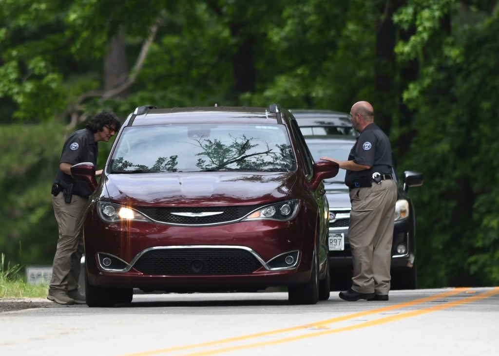 Police set up checkpoints near downtown Calico Rock, Ark., searching for escaped prisoner Grant Hardin on May 29, 2025.