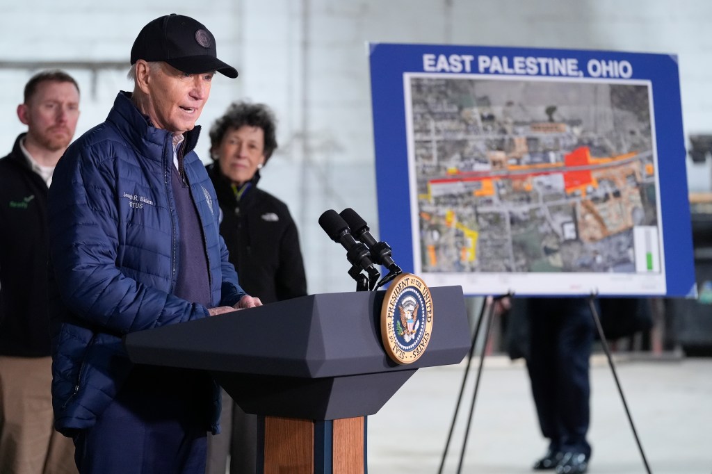 President Joe Biden speaks after touring the East Palestine Recovery Site, Friday, Feb. 16, 2024, in East Palestine, Ohio.