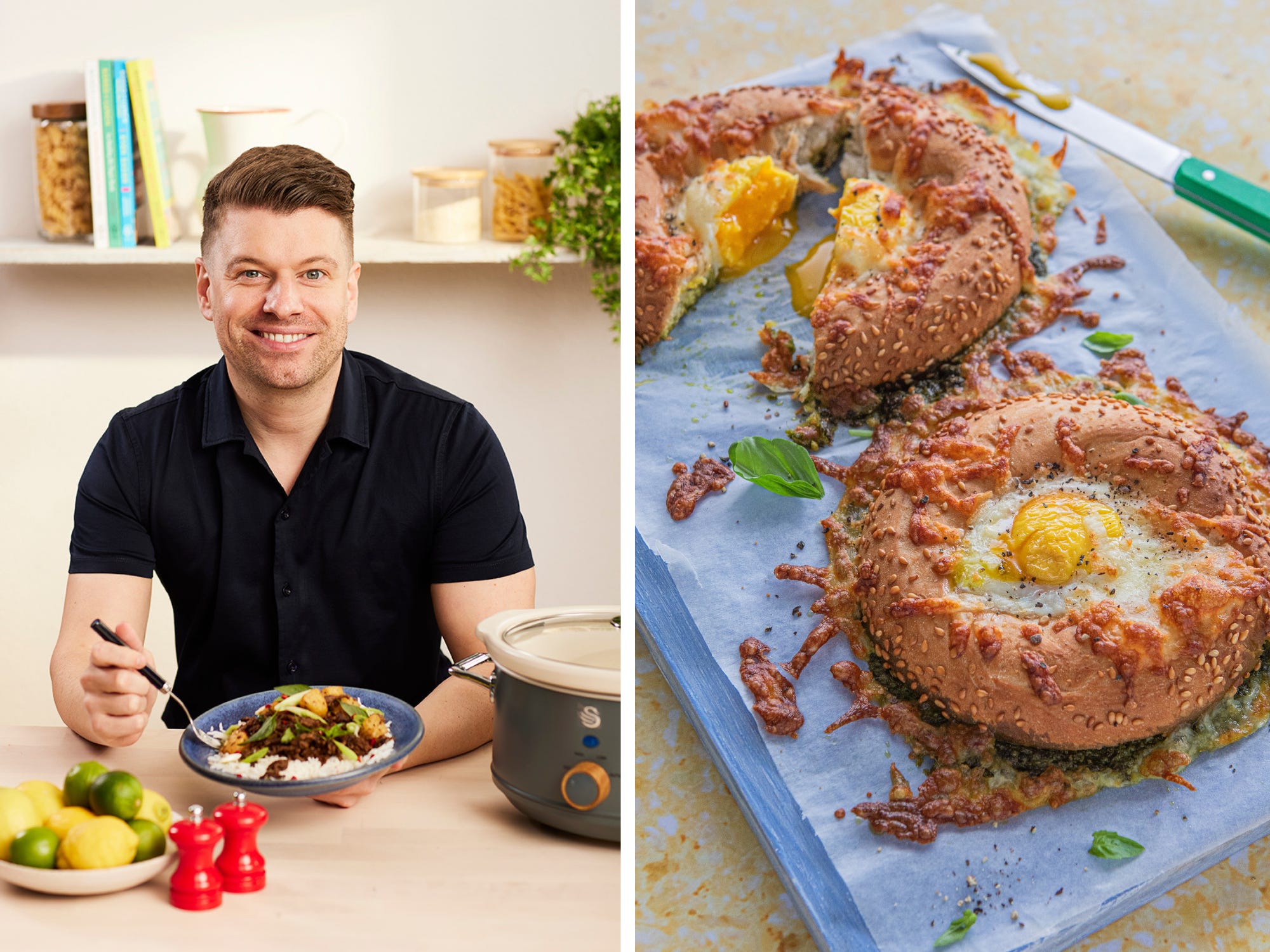 A composite image of Nathan Anthony and pesto egg bagels.