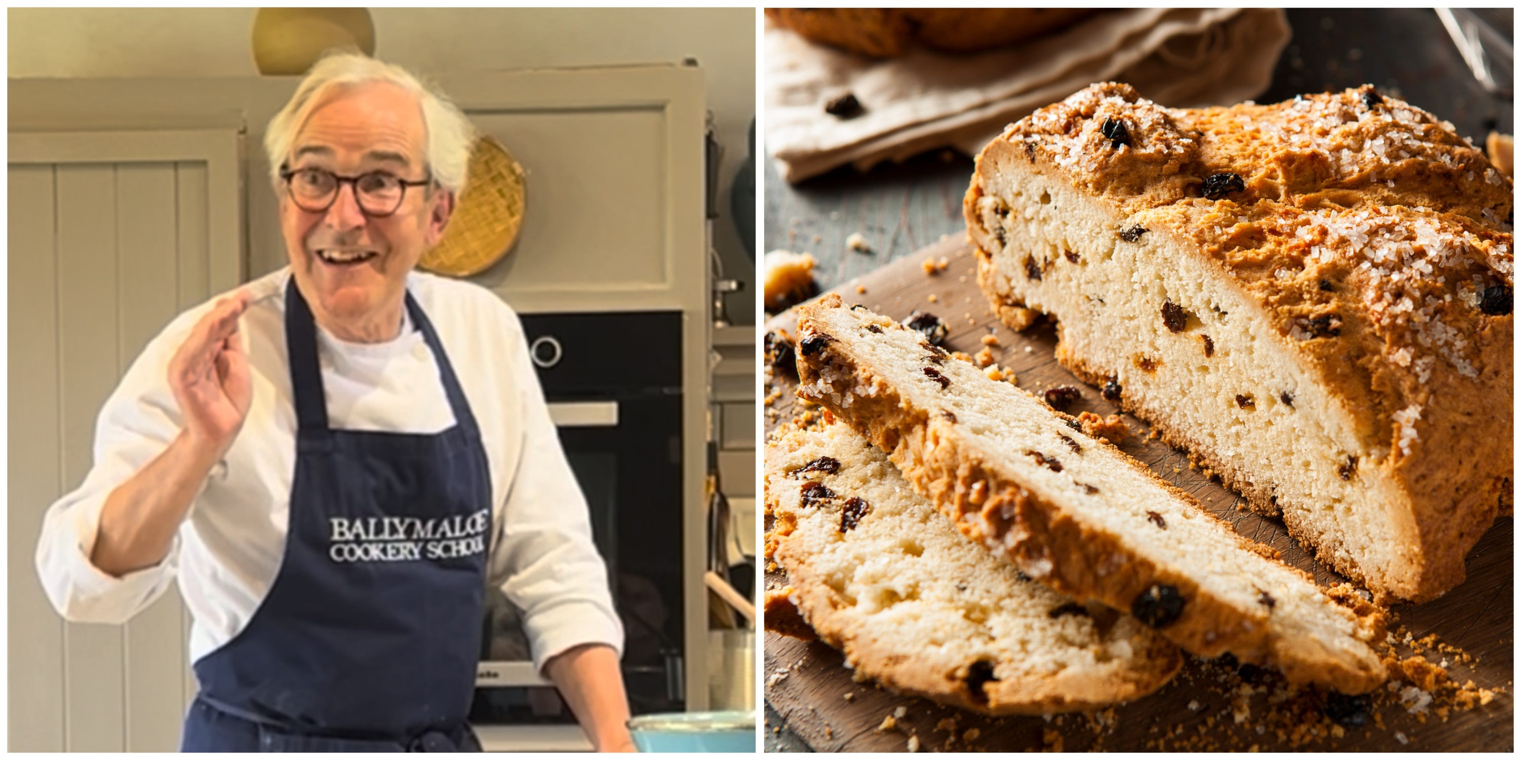 A composite image. On the left, a male chef . On the right, Irish soda bread.